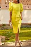 Yellow Casual Solid Patchwork Flounce Slit O Neck One Step Skirt Dresses