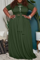 Green Casual Print Bandage O Neck Plus Size Two Pieces