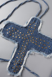 Blue Sexy Patchwork Rivets Bandage Backless Halter Tops