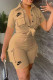 Khaki Casual Print Letter Turndown Collar Short Sleeve Two Pieces