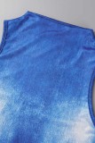 Blue Sexy Print Ripped O Neck Sleeveless Dress Dresses