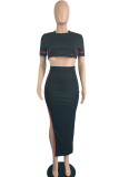 Black Sexy Solid Patchwork Slit Asymmetrical O Neck Short Sleeve Two Pieces