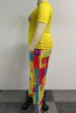 Yellow Casual Print Ripped Patchwork O Neck Plus Size Two Pieces