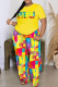 Yellow Casual Print Ripped Patchwork O Neck Plus Size Two Pieces