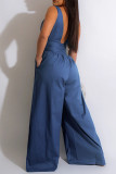 Blue Sexy Solid Bandage Patchwork Backless V Neck Straight Jumpsuits