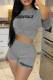 Grey Casual Letter Print Basic O Neck Short Sleeve Two Pieces