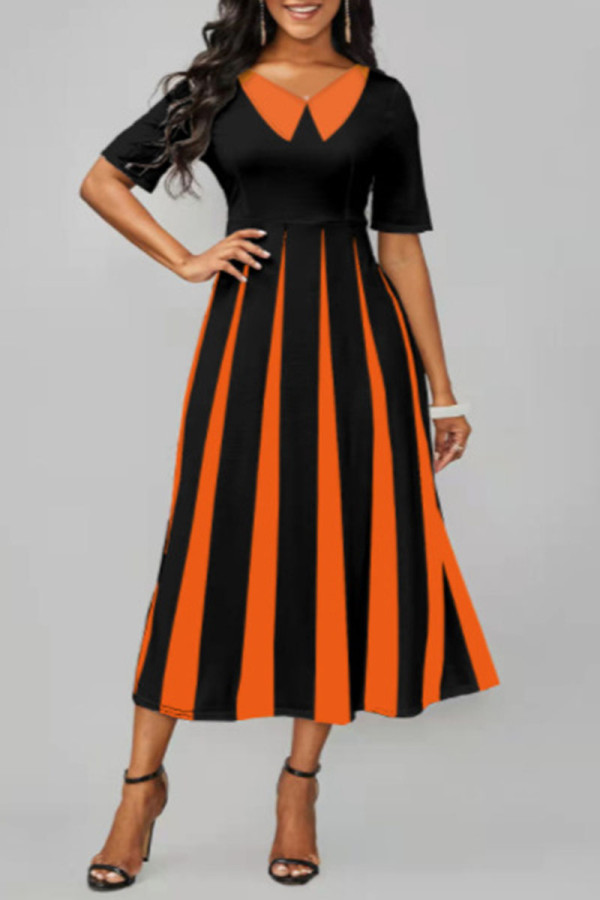 Tangerine Red Casual Striped Print Patchwork V Neck A Line Dresses