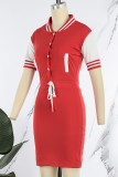 Red Casual Solid Patchwork Short Sleeve Dress