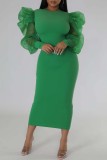 Green Fashion Casual Solid Patchwork O Neck Long Sleeve Dresses