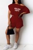 Burgundy Casual Letter Print Basic Oblique Collar Short Sleeve Two Pieces