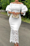 White Elegant Solid Patchwork Off the Shoulder One Step Skirt Dresses(Without Brooch)