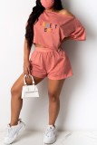 Pink Casual Letter Print Basic Oblique Collar Short Sleeve Two Pieces
