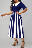 Royal Blue Casual Striped Print Patchwork V Neck A Line Dresses