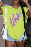 Pink Street Print Letter O Neck T-Shirts