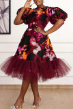 Deep Red Elegant Print Patchwork Asymmetrical Collar A Line Dresses