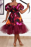 Deep Red Elegant Print Patchwork Asymmetrical Collar A Line Dresses