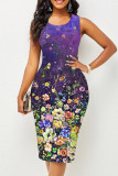 Purple Casual Print Patchwork U Neck One Step Skirt Dresses