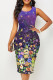 Purple Casual Print Patchwork U Neck One Step Skirt Dresses