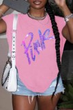 Pink Street Print Letter O Neck T-Shirts