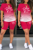 Red Casual Gradual Change Letter Print Basic O Neck Short Sleeve Two Pieces