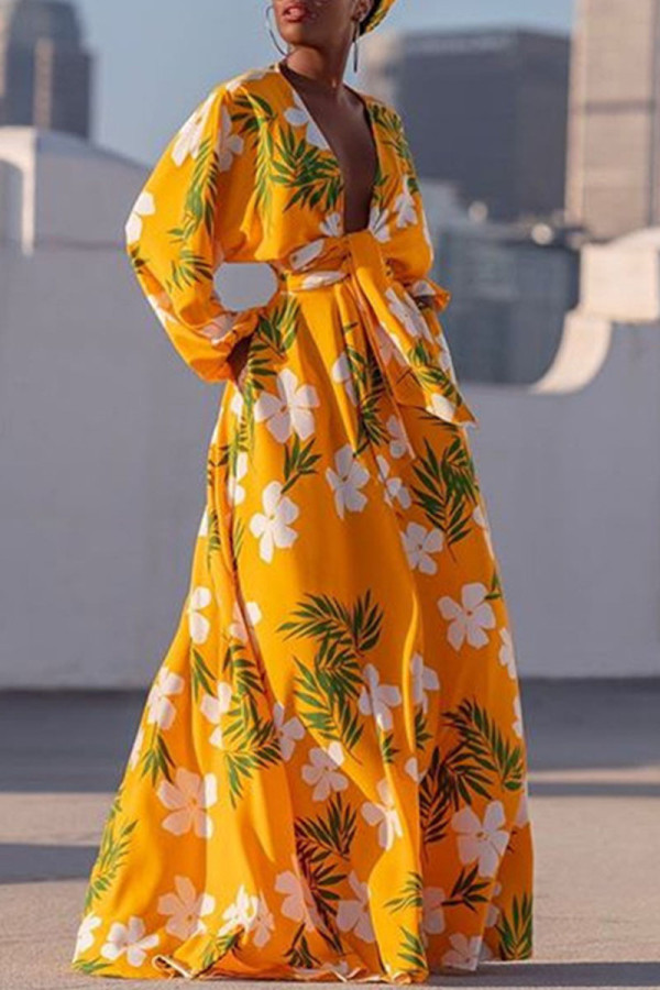 Yellow Elegant Print Patchwork V Neck Printed Dress Dresses