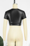 Black Casual Solid Patchwork O Neck Tops