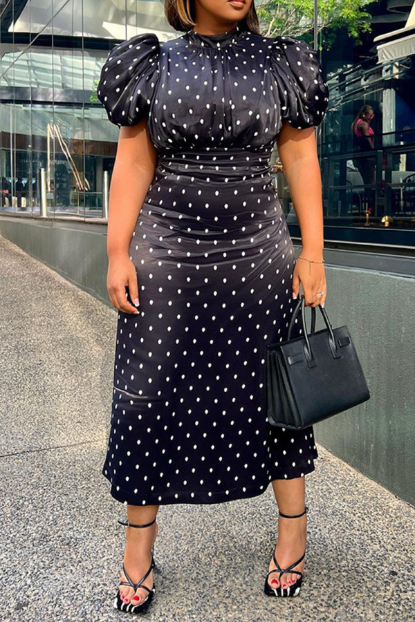 Black Casual Print Polka Dot Patchwork O Neck Printed Dress Dresses