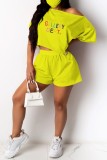 Yellow Casual Letter Print Basic Oblique Collar Short Sleeve Two Pieces