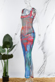 Red Sexy Print Patchwork Slit U Neck One Step Skirt Dresses