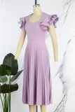 Light Purple Casual Solid Patchwork Square Collar Pleated Dresses