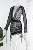 Black Sexy Solid See-through V Neck Long Sleeve Dresses