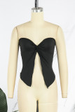 Black Sexy Solid Patchwork Backless Strapless Tops