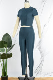 Deep Blue Casual Sportswear Solid Patchwork O Neck Short Sleeve Two Pieces