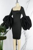 Black Elegant Solid Patchwork U Neck Evening Dress Dresses