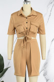 Khaki Casual Solid Patchwork Pocket Buckle Turndown Collar Short Sleeve Two Pieces