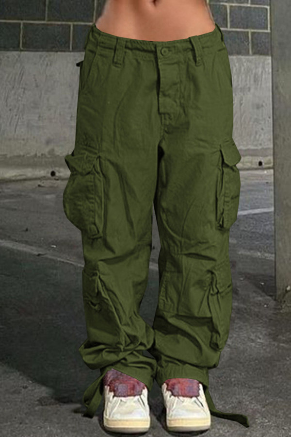 Green Casual Street Solid Patchwork Pocket Mid Waist Straight Solid Color Bottoms
