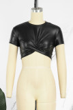 Black Casual Solid Patchwork O Neck Tops