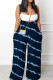Deep Blue Casual Print Patchwork Spaghetti Strap Straight Jumpsuits