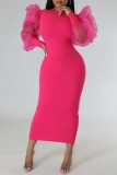 Watermelon Red Fashion Casual Solid Patchwork O Neck Long Sleeve Dresses