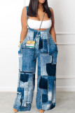Deep Blue Casual Print Patchwork Spaghetti Strap Straight Jumpsuits