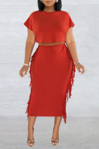 Red Casual Solid Tassel Patchwork O Neck Short Sleeve Two Pieces