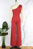 Red Casual Solid Patchwork Backless One Shoulder Regular Jumpsuits