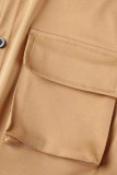 Khaki Casual Solid Patchwork Pocket Buckle Turndown Collar Short Sleeve Two Pieces