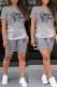Grey Casual Gradual Change Letter Print Basic O Neck Short Sleeve Two Pieces