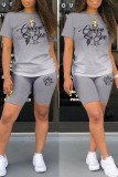 Red Casual Gradual Change Letter Print Basic O Neck Short Sleeve Two Pieces