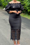 Black Elegant Solid Patchwork Off the Shoulder One Step Skirt Dresses(Without Brooch)
