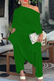 Green Casual Solid Patchwork Oblique Collar Plus Size Jumpsuits