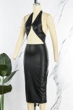 Black Sexy Solid Bandage Backless Halter Sleeveless Dress Dresses