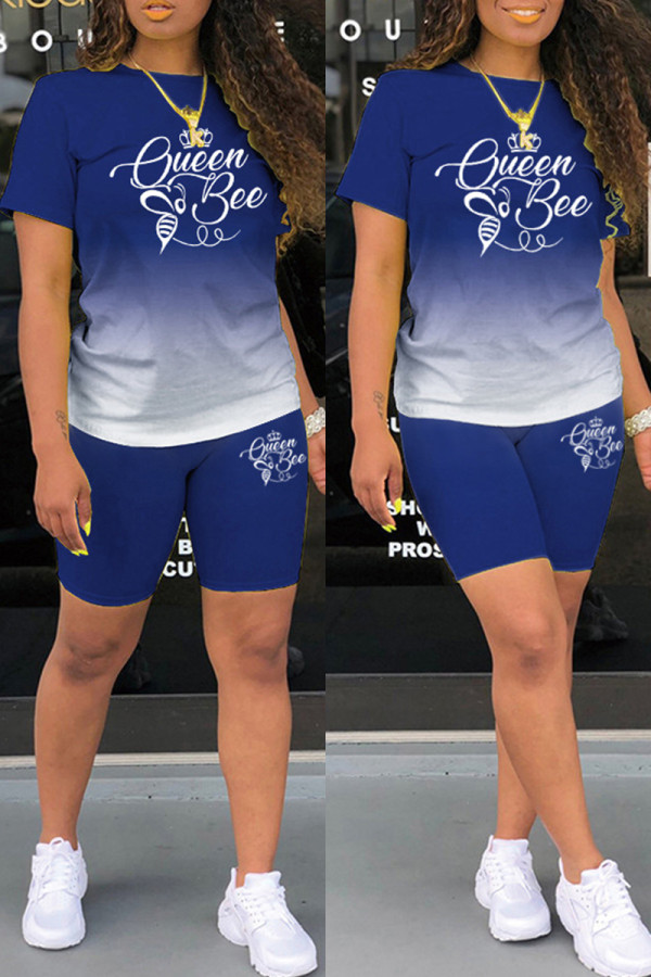 Blue Casual Gradual Change Letter Print Basic O Neck Short Sleeve Two Pieces
