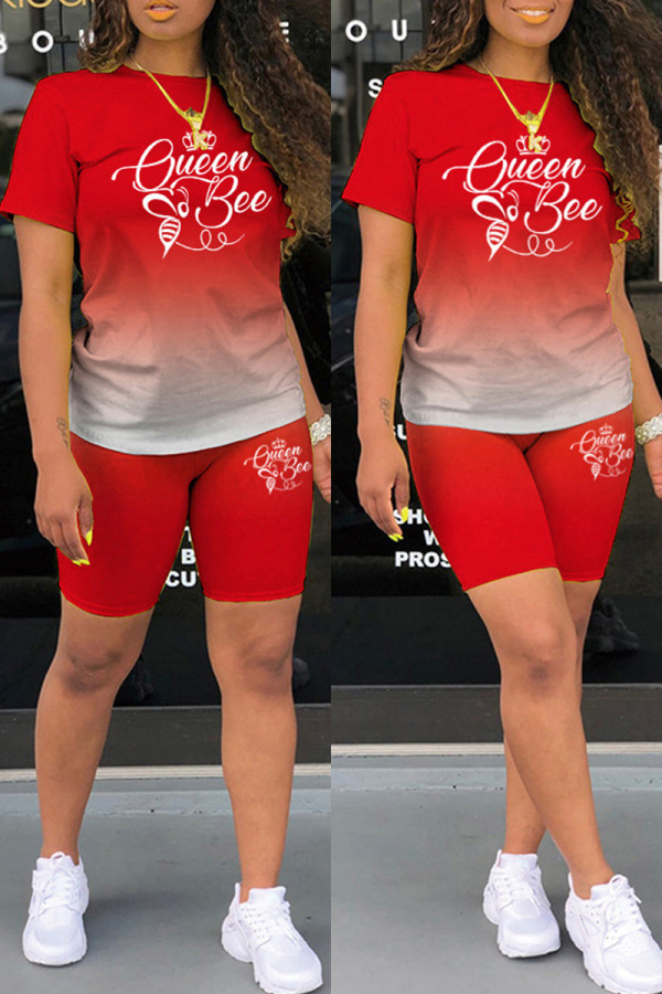 Red Casual Gradual Change Letter Print Basic O Neck Short Sleeve Two Pieces